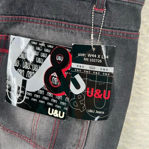 U&U Vintage Mens 44X34 Black Painted Urban Baggy Y2K Cotton Jeans Streetwear - Picture 7 of 10